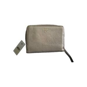 FOSSIL Sydney Multifunction Leather Wristlet Wallet Metallic Gold Zip Close New
